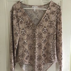 Snakeskin Print Deep V-Neck Long-sleeve Bodysuit